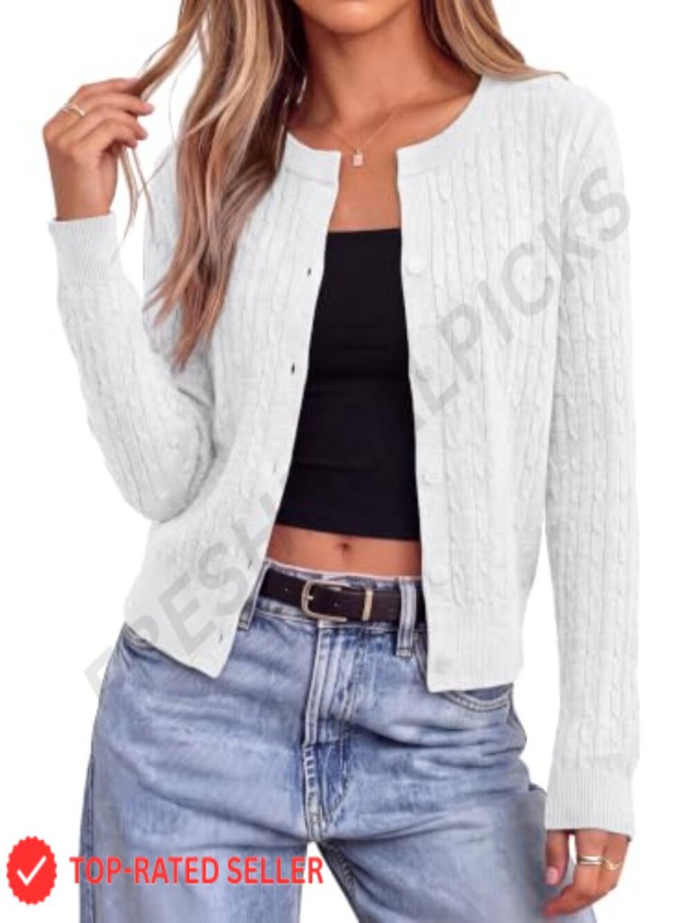 Cable Knit Cropped Cardigan Sweater V Neck Button Down